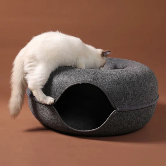 2-in-1 Felt Donut Cat Bed with Tunnel – Hideout & Nest