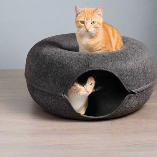 2-in-1 Felt Donut Cat Bed with Tunnel – Hideout & Nest