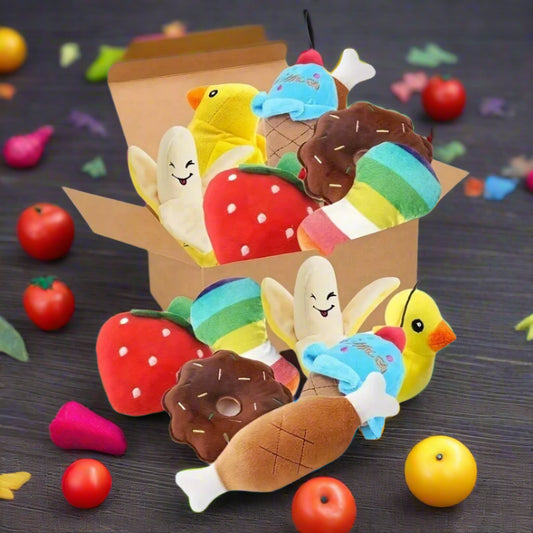 7-Piece Plush Puppy Squeaky Toy Set – Fruit & Veggie Chew Toys