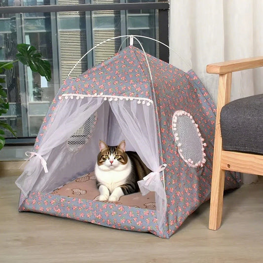Semi-Enclosed Flower Pet Tent Bed – Cozy Nest for Cats & Small Dogs
