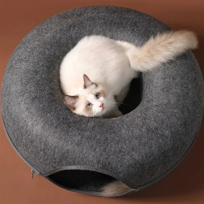 2-in-1 Felt Donut Cat Bed with Tunnel – Hideout & Nest