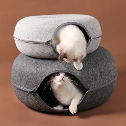 2-in-1 Felt Donut Cat Bed with Tunnel – Hideout & Nest