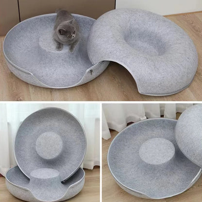 2-in-1 Felt Donut Cat Bed with Tunnel – Hideout & Nest