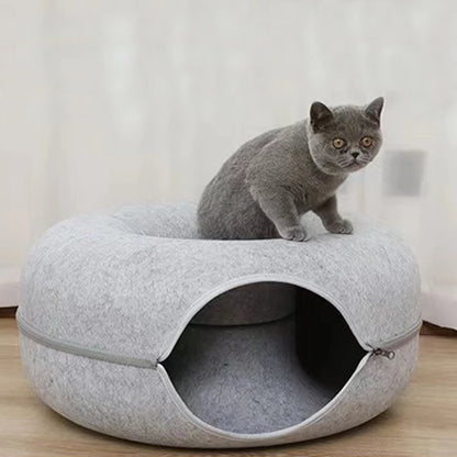 2-in-1 Felt Donut Cat Bed with Tunnel – Hideout & Nest