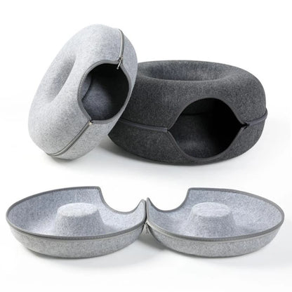 2-in-1 Felt Donut Cat Bed with Tunnel – Hideout & Nest