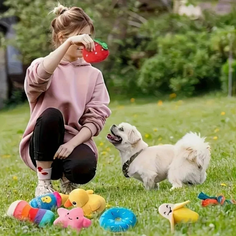 7-Piece Plush Puppy Squeaky Toy Set – Fruit & Veggie Chew Toys