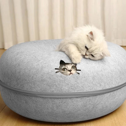 2-in-1 Felt Donut Cat Bed with Tunnel – Hideout & Nest