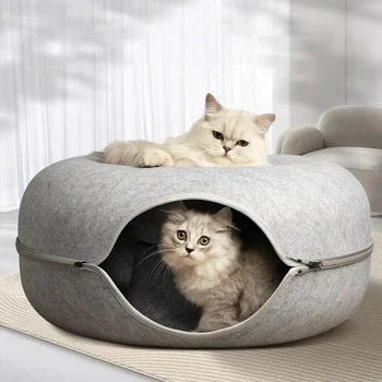 2-in-1 Felt Donut Cat Bed with Tunnel – Hideout & Nest